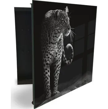 Skříňka na klíč Glasdekor skříňka na klíče - šelma černobílý leopard Otevírání: Levé, Barva skříňky: Bílá