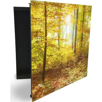 Skříňka na klíč Glasdekor skříňka na klíče - podzimní les a slunce Otevírání: Levé, Barva skříňky: Bílá