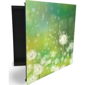 Skříňka na klíč Glasdekor skříňka na klíče - bílé pampelišky na zeleném pozadí Otevírání: Pravé, Barva skříňky: Bílá