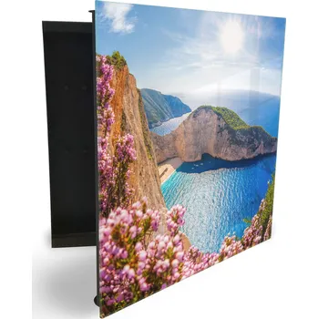 Skříňka na klíč Glasdekor skříňka na klíče - pohled na moře a útes v Řecko Otevírání: Pravé, Barva skříňky: Bílá