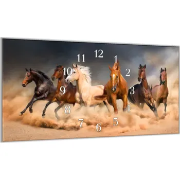 Hodiny Glasdekor Nástěnné hodiny 30x60cm stádo koní v prachu Materiál: kalené sklo