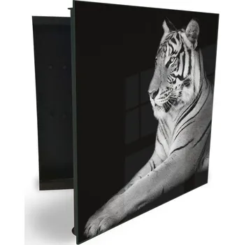 Skříňka na klíč Glasdekor skříňka na klíče - bílý tygr na černém podkladu z boku Otevírání: Levé, Barva skříňky: Bílá