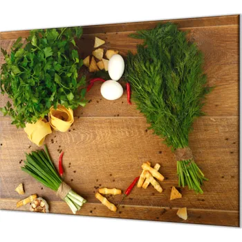 Příslušenství pro sporák Glasdekor Ochranná deska svazek bylinek na dřevěném stole Rozměr V/Š: 40x40 cm, Lepení na zeď: Bez lepení na zeď