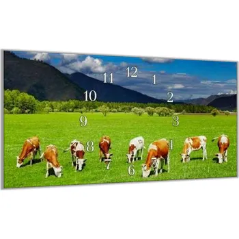 Hodiny Glasdekor Nástěnné hodiny 30x60cm krávy na pastvě v horách Materiál: plexi