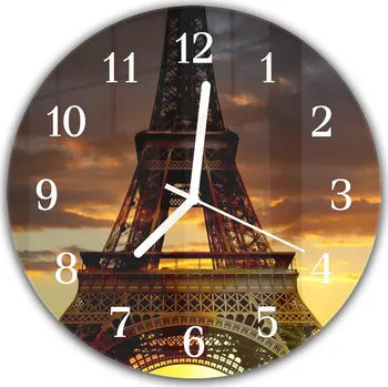 Hodiny Glasdekor Nástěnné hodiny kulaté pr.30cm detail Eiffelové věže v Paříži Materiál: kalené sklo