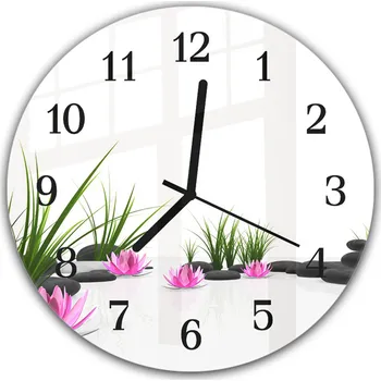Hodiny Glasdekor Nástěnné hodiny kulaté pr.30cm růžové květy, tráva a kameny Materiál: plexi