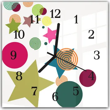 Hodiny Glasdekor Nástěnné hodiny 30x30cm barevné tvary na bílém pozadí Materiál: plexi