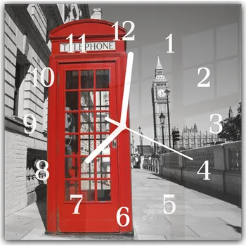 Hodiny Glasdekor Nástěnné hodiny 30x30cm telefonní budka v Londýně a věž Big Ben Materiál: plexi