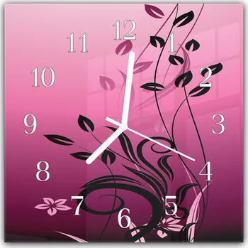 Hodiny Glasdekor Nástěnné hodiny 30x30cm černé malované listí na růžovém podkladu Materiál: plexi