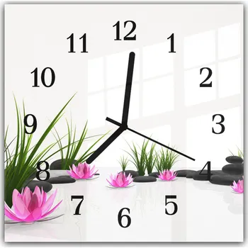 Hodiny Glasdekor Nástěnné hodiny 30x30cm tráva, růžové květy, kameny Materiál: plexi