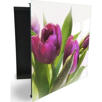Skříňka na klíč Glasdekor skříňka na klíče - květ fialový tulipán na bílém podkladu Otevírání: Levé, Barva skříňky: Černá