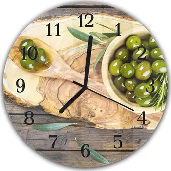 Hodiny Glasdekor Nástěnné hodiny kulaté pr. 30cm olivy na dřevě Materiál: plexi