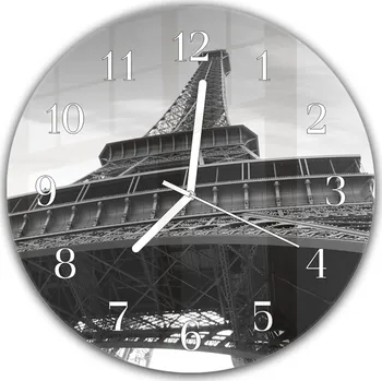 Hodiny Glasdekor Nástěnné hodiny kulaté pr.30cm detail konstrukce Eiffelove věže černobílý Materiál: plexi