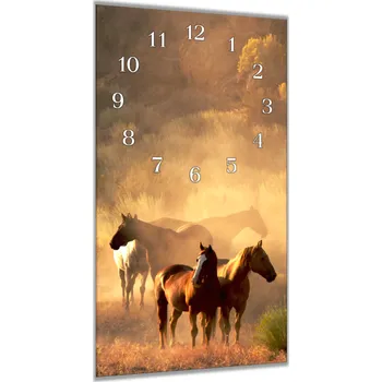 Hodiny Glasdekor Nástěnné hodiny 30x60cm klidné stádo koní Materiál: kalené sklo