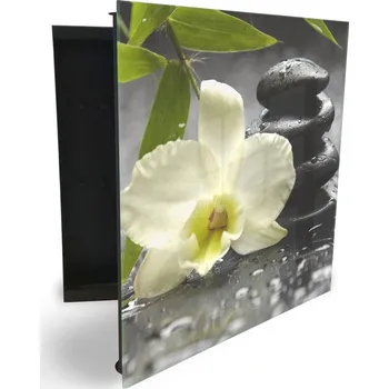 Skříňka na klíč Glasdekor skříňka na klíče - květ orchidej, list bambusu a kámen Otevírání: Levé, Barva skříňky: Bílá