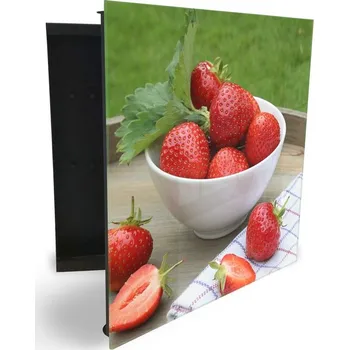 Skříňka na klíč Glasdekor skříňka na klíče - červené jahody v bílé misce Otevírání: Levé, Barva skříňky: Bílá