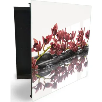 Skříňka na klíč Glasdekor skříňka na klíče - červená orchidej na zen kameni Otevírání: Pravé, Barva skříňky: Bílá