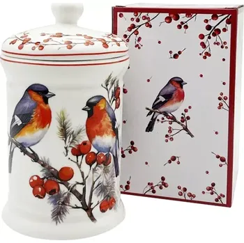 Cukřenka Porcelánová dóza, Červenka a Cesmína 800 ml (Dózy s ptáčkem, ptáčci)