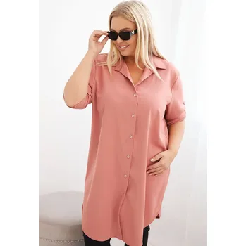 Dámská halenka Kesi Dámské košilové šaty Plus Size s delším zadním dílem a ohrnovacími rukávy tmavě mátová Barva: Růžová, Velikost: UNI