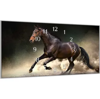 Hodiny Glasdekor Nástěnné hodiny 30x60cm černý kůň v prachu Materiál: plexi