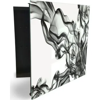 Skříňka na klíč Glasdekor skříňka na klíče - černý kouř na bílém podkladu Otevírání: Levé, Barva skříňky: Bílá