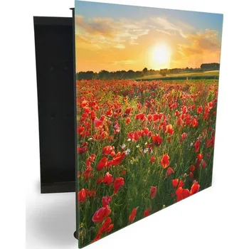 Skříňka na klíč Glasdekor skříňka na klíče - louka vlčí máky v západu slunce Otevírání: Levé, Barva skříňky: Bílá