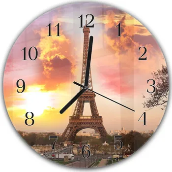 Hodiny Glasdekor Nástěnné hodiny kulaté pr.30cm Eiffelová věž se západem slunce v Paříži Materiál: plexi