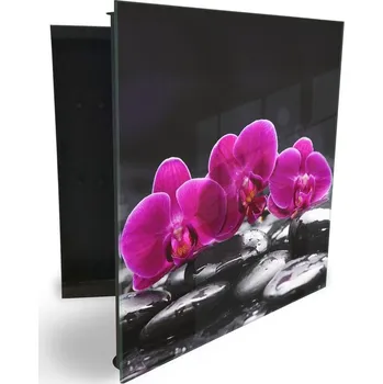 Skříňka na klíč Glasdekor skříňka na klíče - fialový květ orchideje na černém kameni Otevírání: Levé, Barva skříňky: Bílá