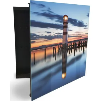 Skříňka na klíč Glasdekor skříňka na klíče - maják u mola a západ slunce Otevírání: Levé, Barva skříňky: Bílá