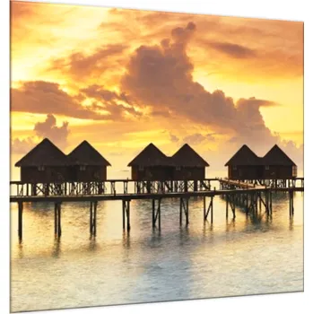 Obraz Glasdekor Obraz skleněný západ slunce vodní vily Rozměry-čtverec: 34 x 34 cm