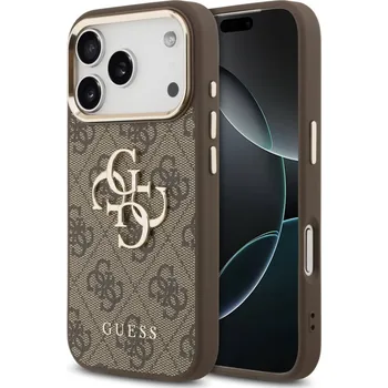 Guess zadní kryt pro iPhone 17 Pro Max, PU Kůže 4G Metal Logo Gold Frame - hnědá