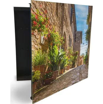 Skříňka na klíč Glasdekor skříňka na klíče - dlažděná ulička ozdobená květinami Otevírání: Levé, Barva skříňky: Bílá