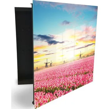 Skříňka na klíč Glasdekor skříňka na klíče - pole tulipánů a větrné mlýny Otevírání: Levé, Barva skříňky: Černá
