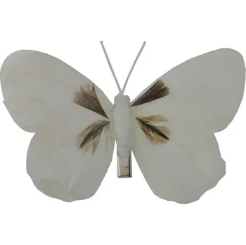 Motýl na klipu 12cm z peříček bílo-hnědý, balení 6ks, cena za kus DE571YC