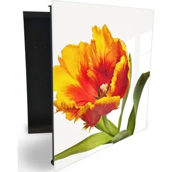 Skříňka na klíč Glasdekor skříňka na klíče - malovaný žlutý květ tulipánu Otevírání: Levé, Barva skříňky: Bílá