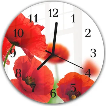 Hodiny Glasdekor Nástěnné hodiny kulaté pr.30cm detail květy červené vlčí máky Materiál: plexi
