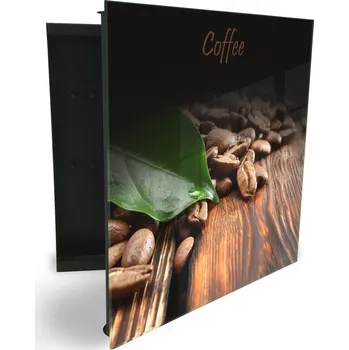 Železářství Glasdekor skříňka na klíče - kávový list a zrna na dřevěném prknu Otevírání: Pravé, Barva skříňky: Bílá