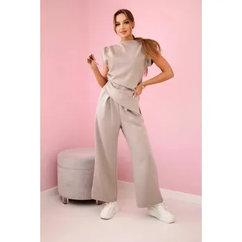 Dámská halenka Komplet asymetrická halenka + kalhoty tmavě béžová UNI
