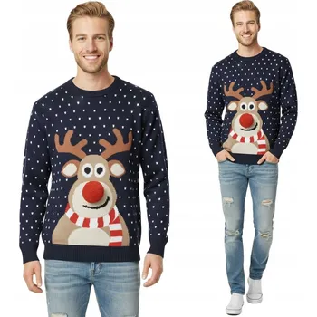 Pánský svetr Tmavě modrý pánský vánoční svetr sob s 3D nosem, teplý, zimní, tlustý, velikost S