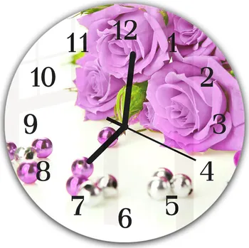 Hodiny Glasdekor Nástěnné hodiny kulaté pr.30cm fialová růže a perly Materiál: plexi