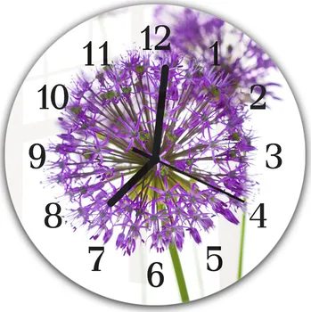 Hodiny Glasdekor Nástěnné hodiny kulaté pr.30cm fialový květ allium Materiál: plexi