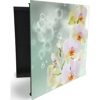 Skříňka na klíč Glasdekor skříňka na klíče - květy orchidejí na abstraktním pozadí Otevírání: Levé, Barva skříňky: Černá