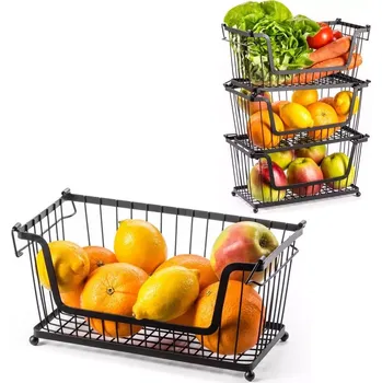 chlebník Kovový košík na ovoce a zeleninu – černý, stohovatelný