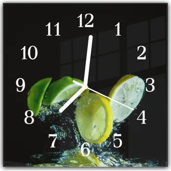 Hodiny Glasdekor Nástěnné hodiny 30x30cm plátky ovoce limetka ve vodě černé pozadí Materiál: plexi