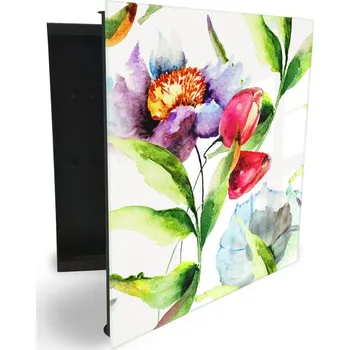 Skříňka na klíč Glasdekor skříňka na klíče - květy tulipán, mák akvarel Otevírání: Pravé, Barva skříňky: Bílá