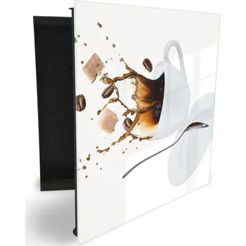 Skříňka na klíč Glasdekor skříňka na klíče - vylétá káva a cukr z bílého šálku Otevírání: Levé, Barva skříňky: Bílá