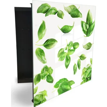 Skříňka na klíč Glasdekor skříňka na klíče - lístky bazalky akvarel Otevírání: Levé, Barva skříňky: Bílá