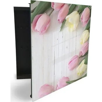 Skříňka na klíč Glasdekor skříňka na klíče - květy tulipánů na bílém dřevě Otevírání: Levé, Barva skříňky: Bílá