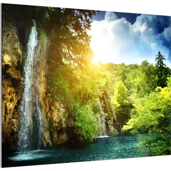 Obklad Glasdekor Sklo do kuchyně vodopád v lese a východ slunce Rozměr V/Š: 30 x 40 cm