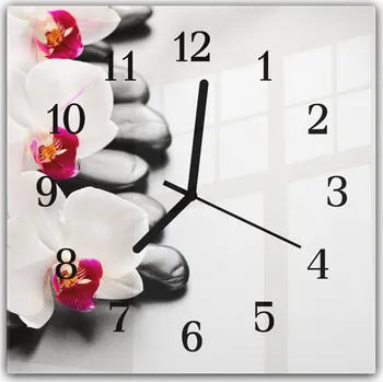 Hodiny Glasdekor Nástěnné hodiny 30x30cm bílé květy orchideje, černý kámen, šedý poklad Materiál: plexi